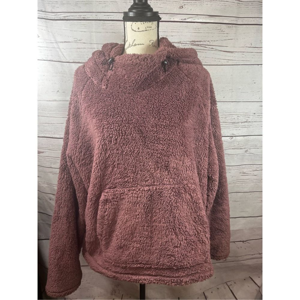 PINK Victoria's Secret Sherpa Fleece Hoodie Pullover Burgundy‎ Size L